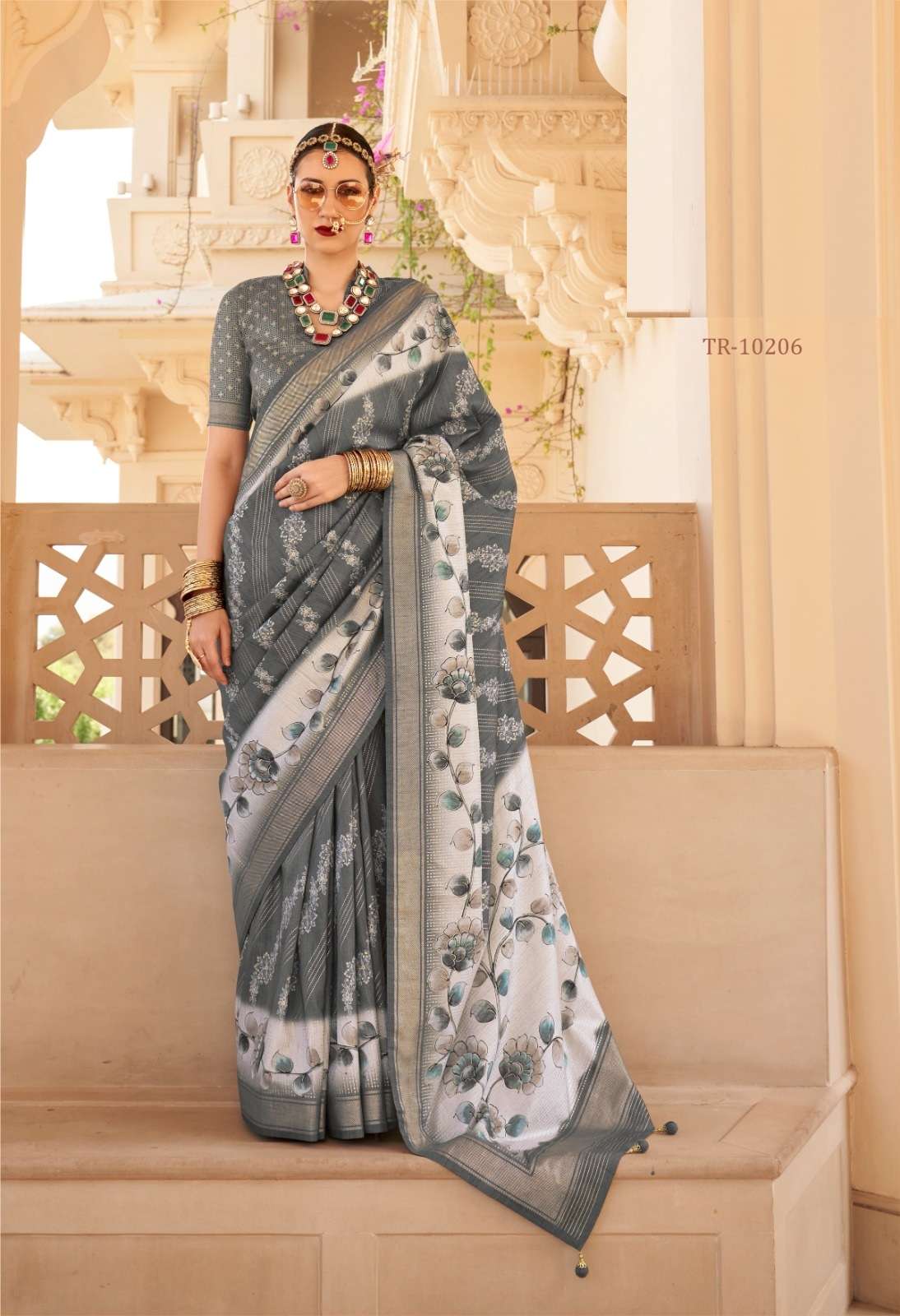 DESIGNER FANCY WEDDING PARTY WEAR INDIAN GREY SILK SAREE COLLECTION SM TRIRATH 10206