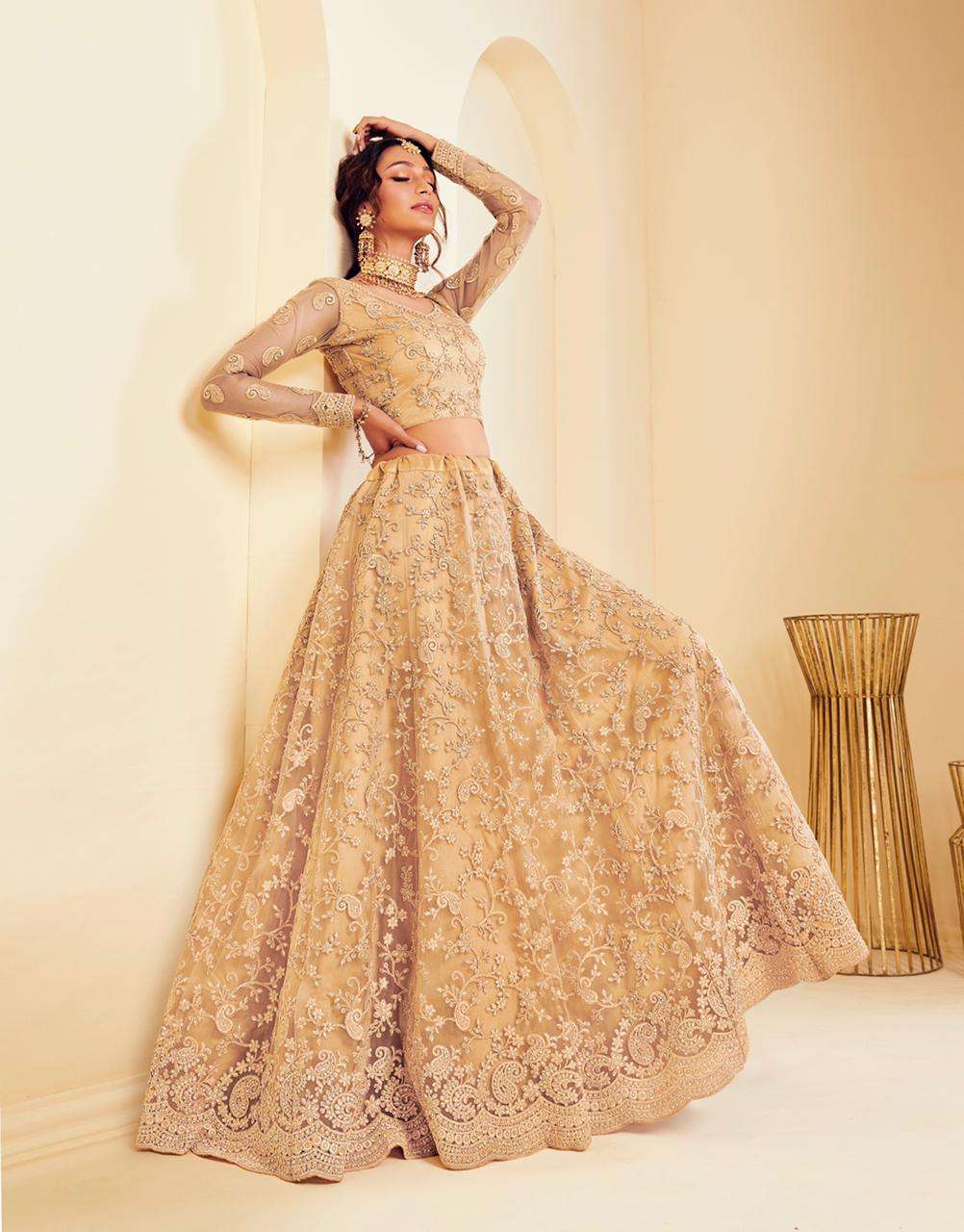 DESIGNER FANCY WEDDING PARTY WEAR INDIAN HEAVY GOLDEN NET LEHENGA CHOLI WITH DUPATTA ALZ 1001EEZ