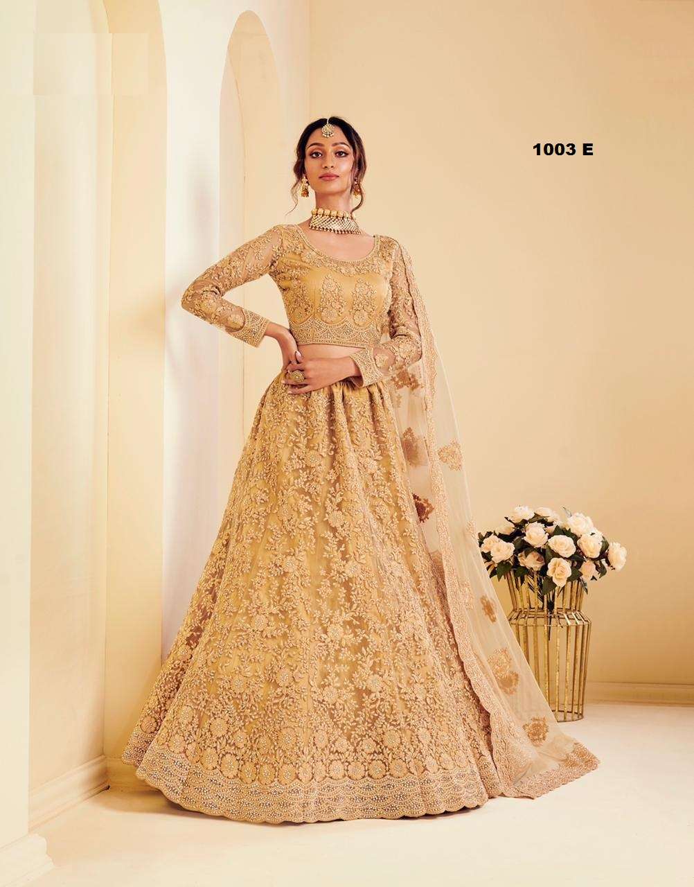 DESIGNER FANCY WEDDING PARTY WEAR INDIAN HEAVY GOLDEN NET LEHENGA CHOLI WITH DUPATTA ALZ 1003EEZ