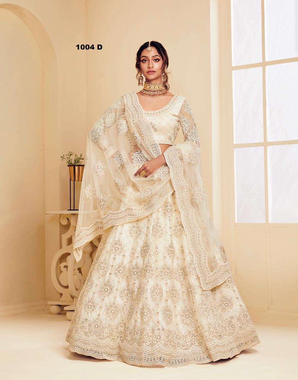 DESIGNER FANCY WEDDING PARTY WEAR INDIAN HEAVY OFF WHITE NET LEHENGA CHOLI WITH DUPATTA ALZ 1004DDZ