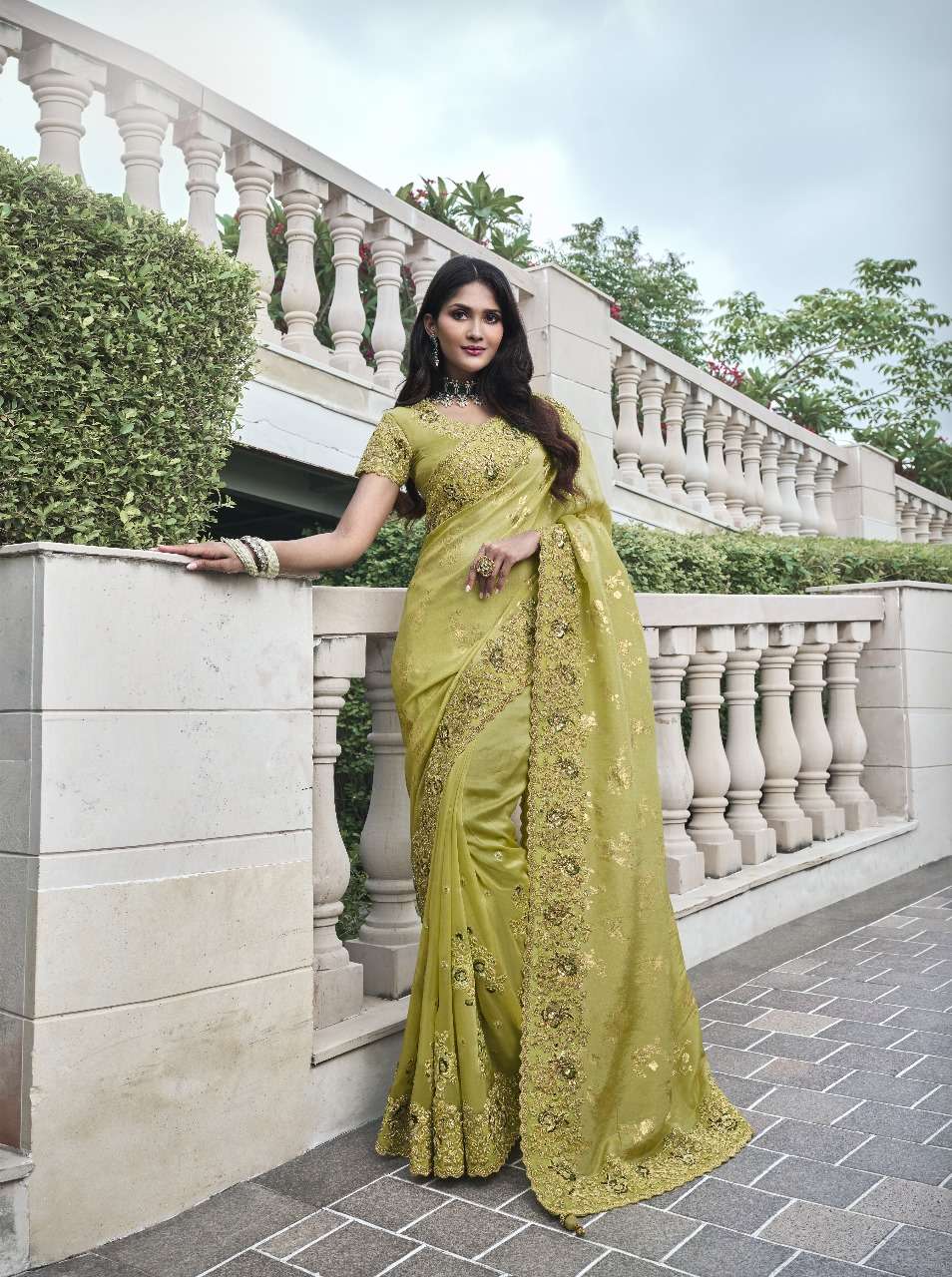 DESIGNER FANCY WEDDING PARTY WEAR INDIAN LEMON YELLOW ORGANZA SILK SAREE COLLECTION SM SULAKSHMI 8410