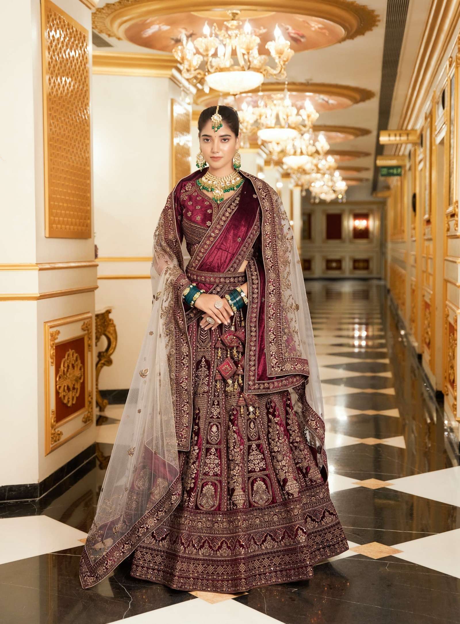 DESIGNER FANCY WEDDING PARTY WEAR INDIAN MAROON VELVET BRIDAL LEHENGA CHOLI WITH DOUBLE DUPATTA SM ANTSH 13004