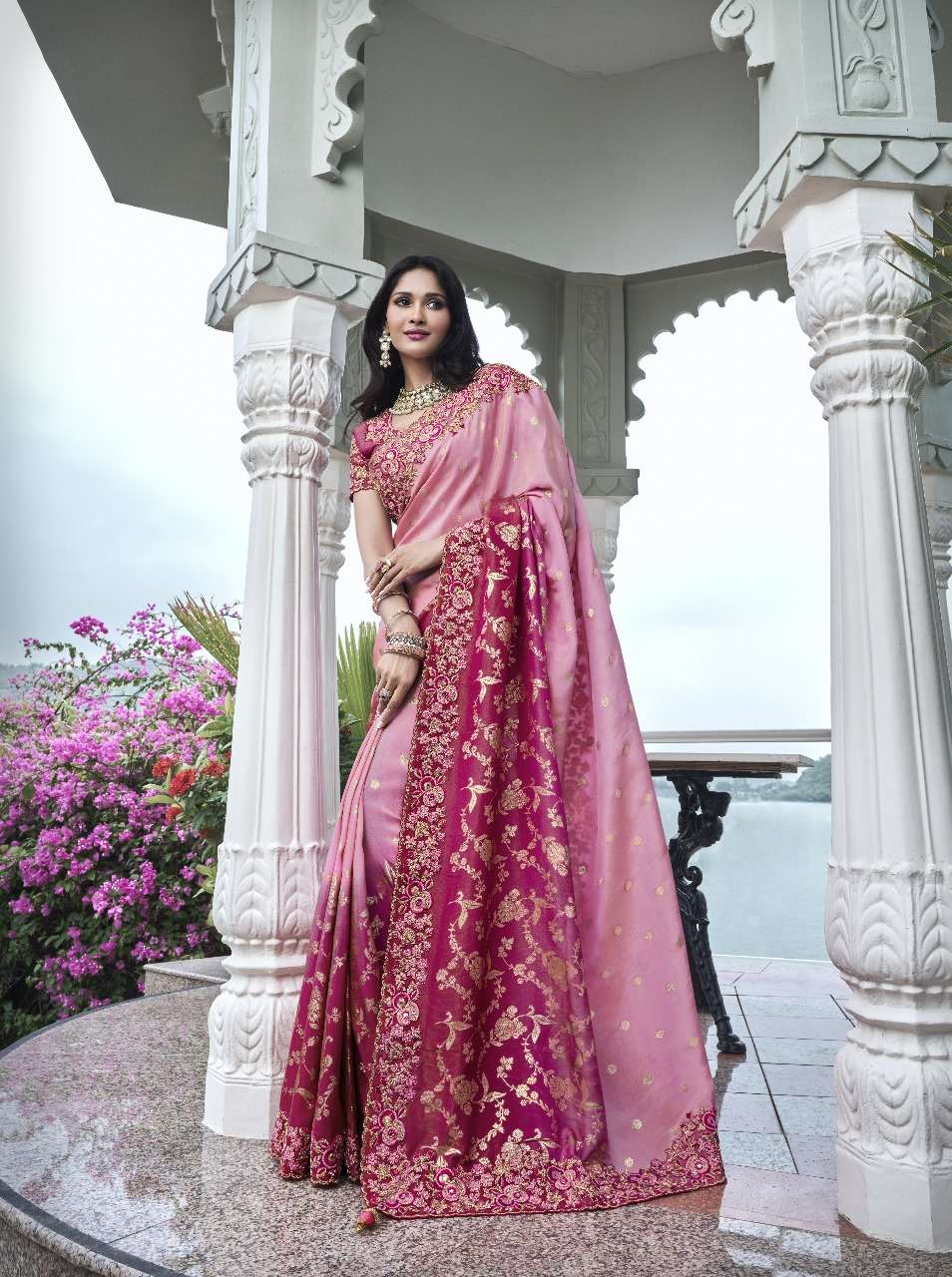 DESIGNER FANCY WEDDING PARTY WEAR INDIAN PINK ORGANZA SILK SAREE COLLECTION SM SULAKSHMI 8403