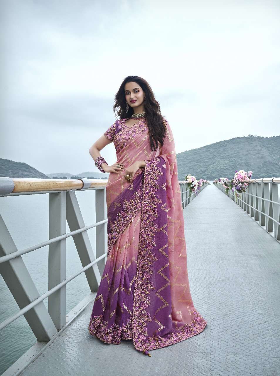 DESIGNER FANCY WEDDING PARTY WEAR INDIAN PINK ORGANZA SILK SAREE COLLECTION SM SULAKSHMI 8408