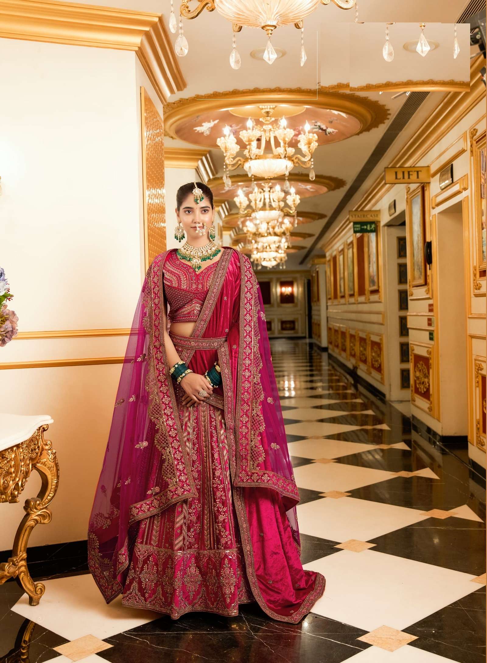 DESIGNER FANCY WEDDING PARTY WEAR INDIAN PINK VELVET BRIDAL LEHENGA CHOLI WITH DOUBLE DUPATTA SM ANTSH 13005