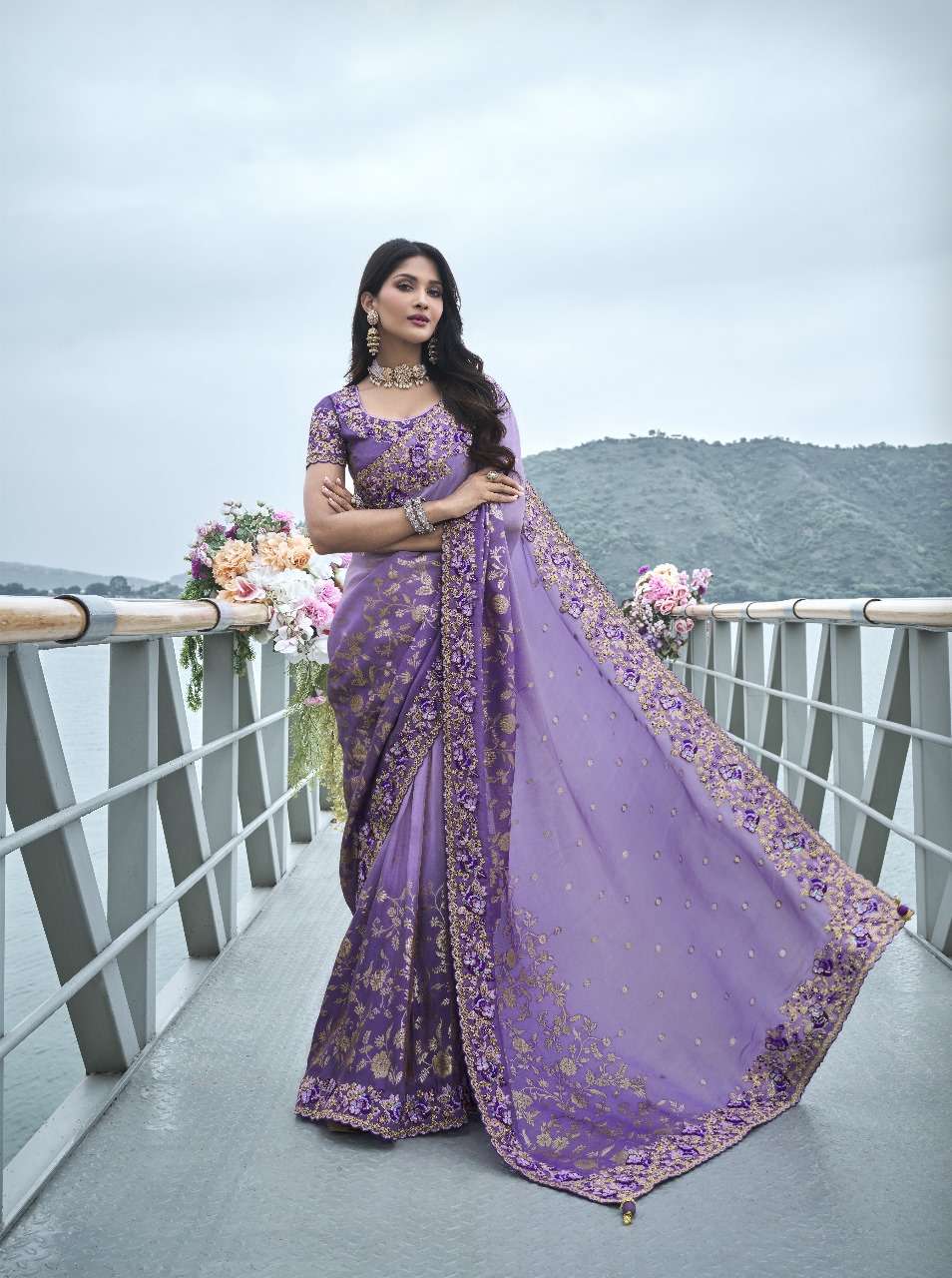 DESIGNER FANCY WEDDING PARTY WEAR INDIAN PURPLE ORGANZA SILK SAREE COLLECTION SM SULAKSHMI 8412