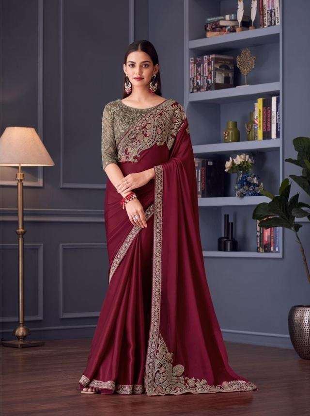 DESIGNER FANCY WEDDING PARTY WEAR INDIAN SARTIN SILK MAROON SAREE COLLECTION SM TFH 30001