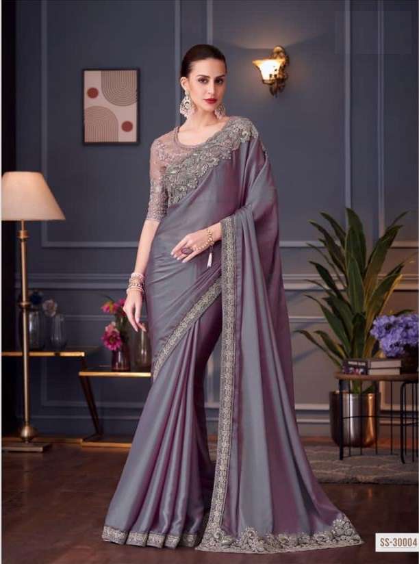 DESIGNER FANCY WEDDING PARTY WEAR INDIAN SARTIN SILK PURPLE SAREE COLLECTION SM TFH 30004