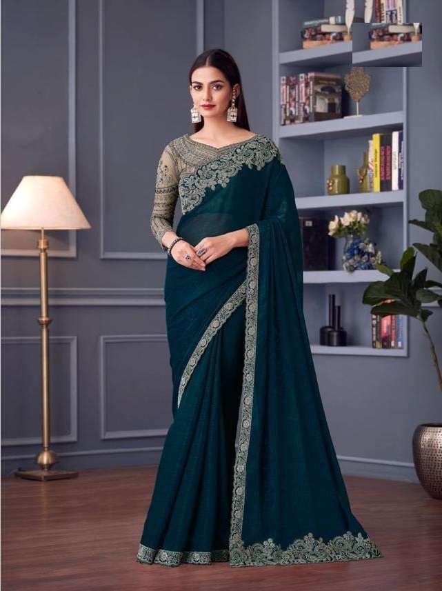 DESIGNER FANCY WEDDING PARTY WEAR INDIAN SARTIN SILK BLUE SAREE COLLECTION SM TFH 30005