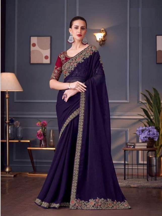 DESIGNER FANCY WEDDING PARTY WEAR INDIAN SARTIN SILK PURPLE SAREE COLLECTION SM TFH 30006