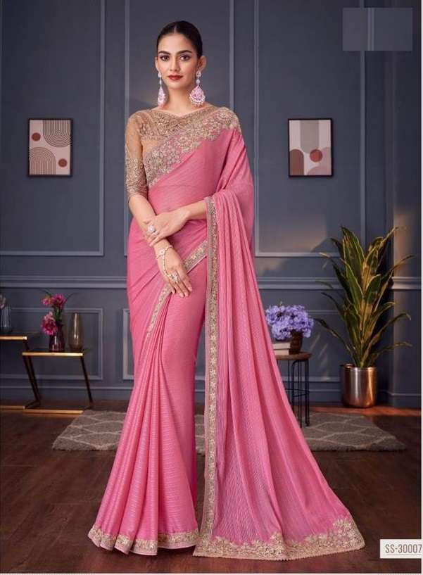 DESIGNER FANCY WEDDING PARTY WEAR INDIAN SARTIN SILK PINK SAREE COLLECTION SM TFH 30007