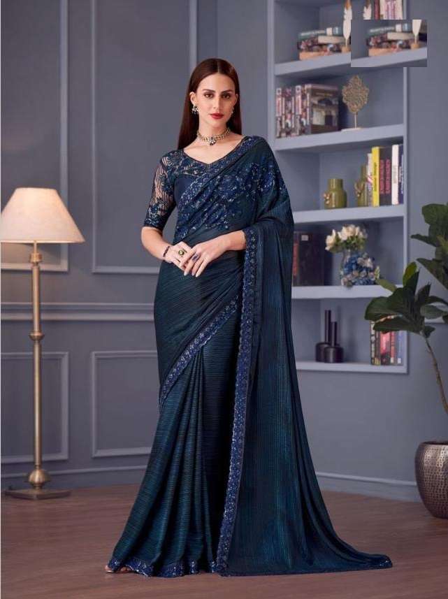 DESIGNER FANCY WEDDING PARTY WEAR INDIAN SARTIN SILK BLUE SAREE COLLECTION SM TFH 30008