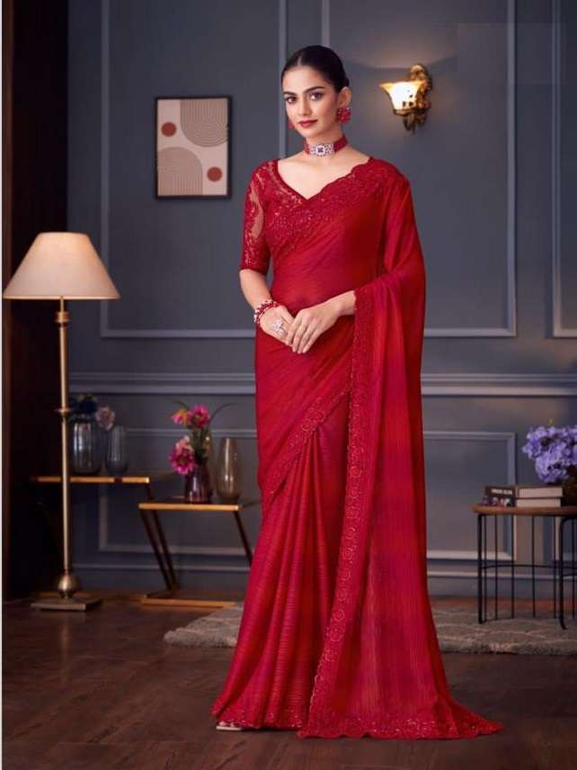 DESIGNER FANCY WEDDING PARTY WEAR INDIAN SARTIN SILK RED SAREE COLLECTION SM TFH 30009