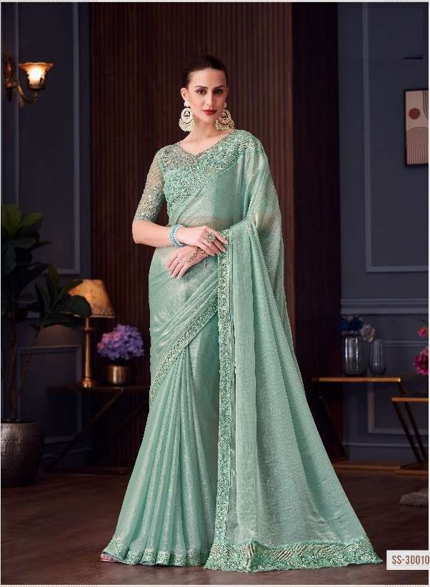 DESIGNER FANCY WEDDING PARTY WEAR INDIAN SARTIN SILK GREEN SAREE COLLECTION SM TFH 30010