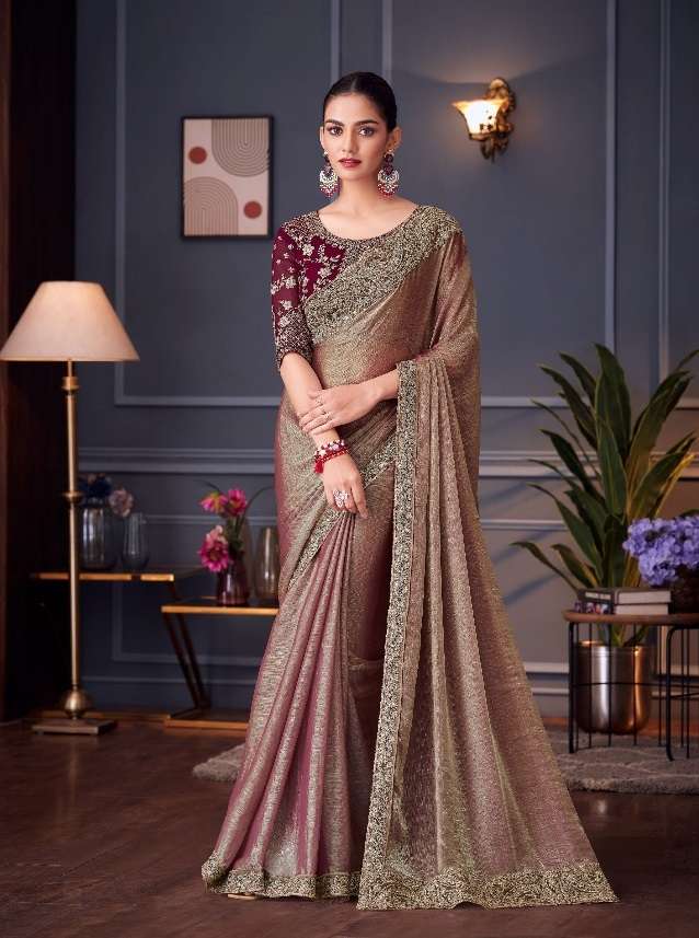 DESIGNER FANCY WEDDING PARTY WEAR INDIAN SARTIN SILK BROWN SAREE COLLECTION SM TFH 30011