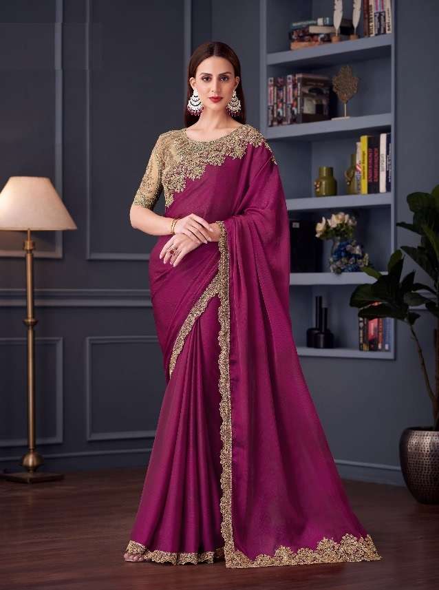 DESIGNER FANCY WEDDING PARTY WEAR INDIAN SARTIN SILK MAROON SAREE COLLECTION SM TFH 30012