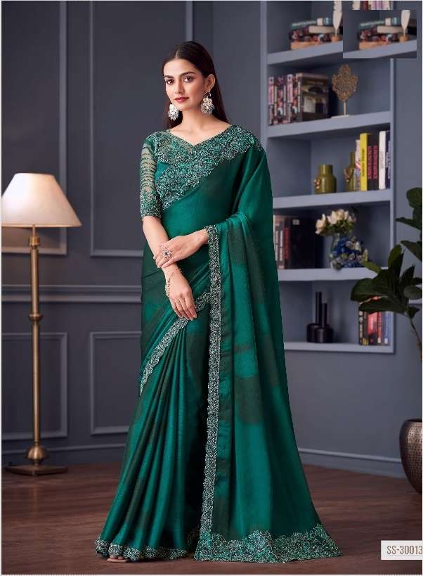 DESIGNER FANCY WEDDING PARTY WEAR INDIAN SARTIN SILK GREEN SAREE COLLECTION SM TFH 30013