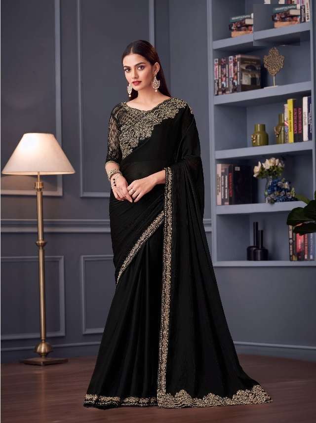 DESIGNER FANCY WEDDING PARTY WEAR INDIAN SARTIN SILK BLACK SAREE COLLECTION SM TFH 30015