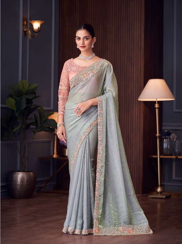 DESIGNER FANCY WEDDING PARTY WEAR INDIAN SARTIN SILK GREY SAREE COLLECTION SM TFH 30017