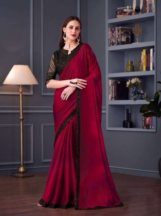 DESIGNER FANCY WEDDING PARTY WEAR INDIAN SARTIN SILK RED SAREE COLLECTION SM TFH 30018