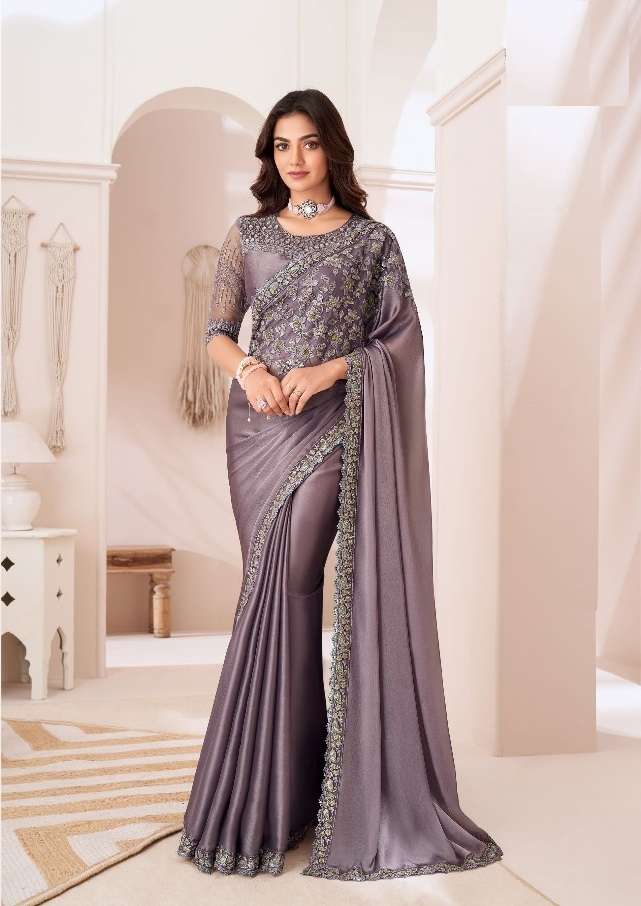 DESIGNER FANCY WEDDING PARTY WEAR INDIAN SARTIN SILK BROWN SAREE COLLECTION SM TFH 1307 A