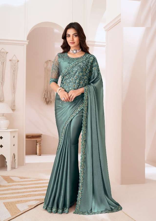 DESIGNER FANCY WEDDING PARTY WEAR INDIAN SARTIN SILK GREEN SAREE COLLECTION SM TFH 1307 B