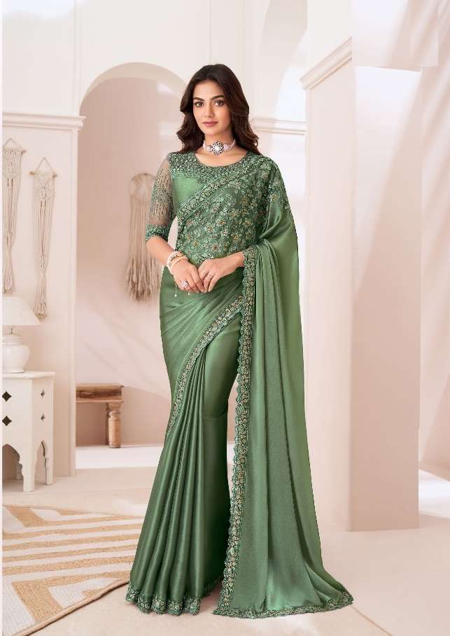 DESIGNER FANCY WEDDING PARTY WEAR INDIAN SARTIN SILK GREEN SAREE COLLECTION SM TFH 1307 C