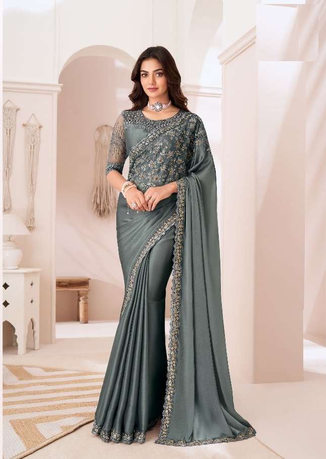 DESIGNER FANCY WEDDING PARTY WEAR INDIAN SARTIN SILK GREY SAREE COLLECTION SM TFH 1307 D