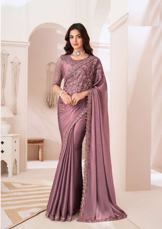 DESIGNER FANCY WEDDING PARTY WEAR INDIAN SARTIN SILK PINK SAREE COLLECTION SM TFH 1307 E