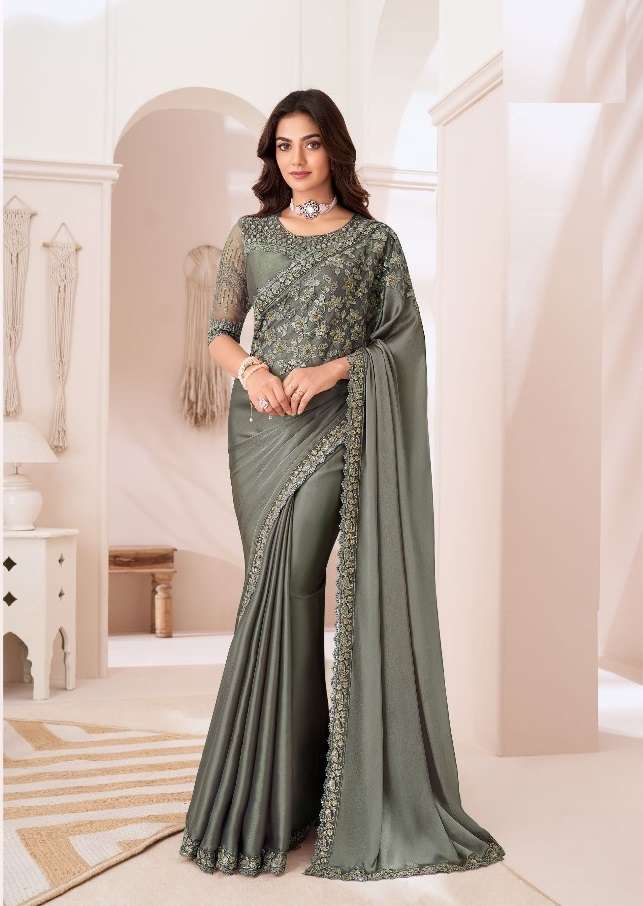 DESIGNER FANCY WEDDING PARTY WEAR INDIAN SARTIN SILK GREY SAREE COLLECTION SM TFH 1307 F