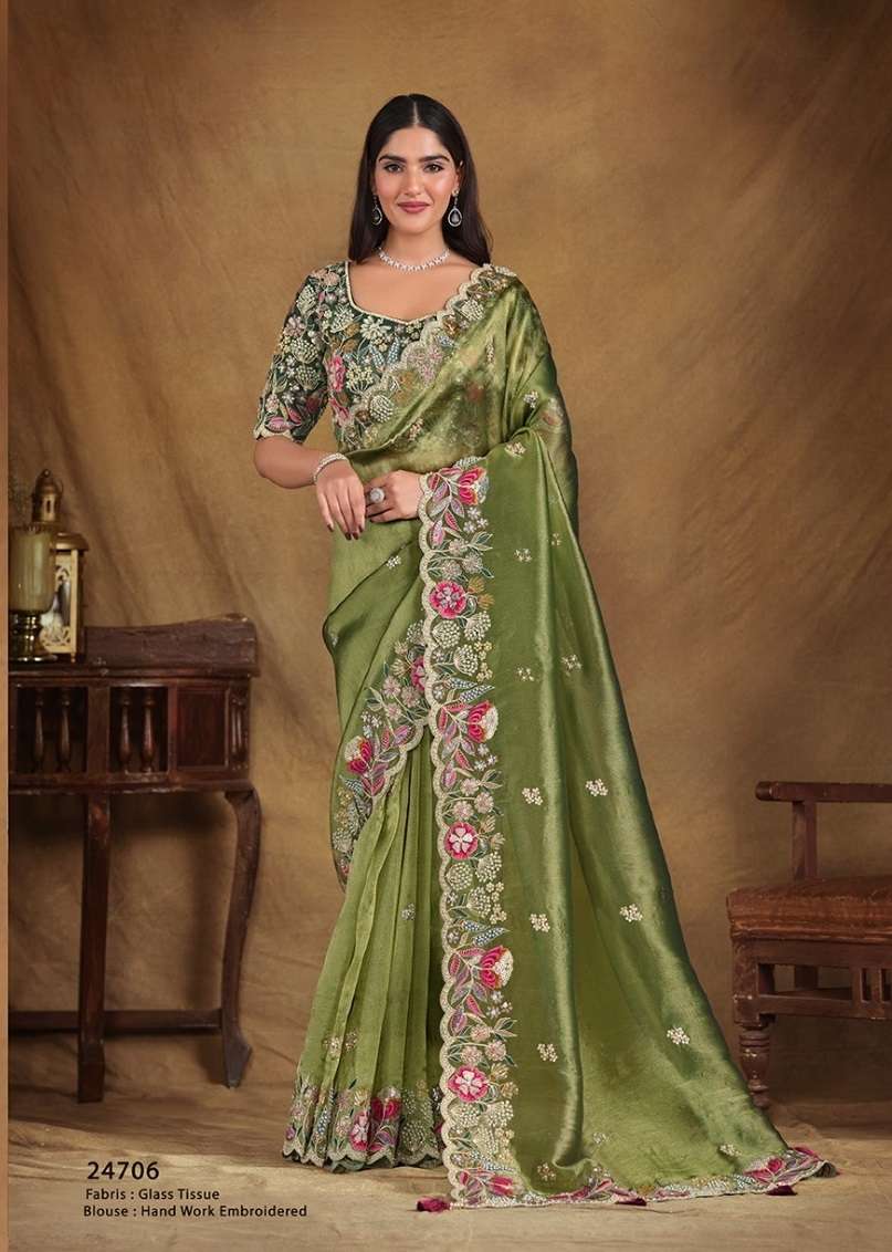 DESIGNER FANCY WEDDING PARTY WEAR INDIAN SATIN SILK GREEN SAREE SM MAHOTSAV TARINI 24706