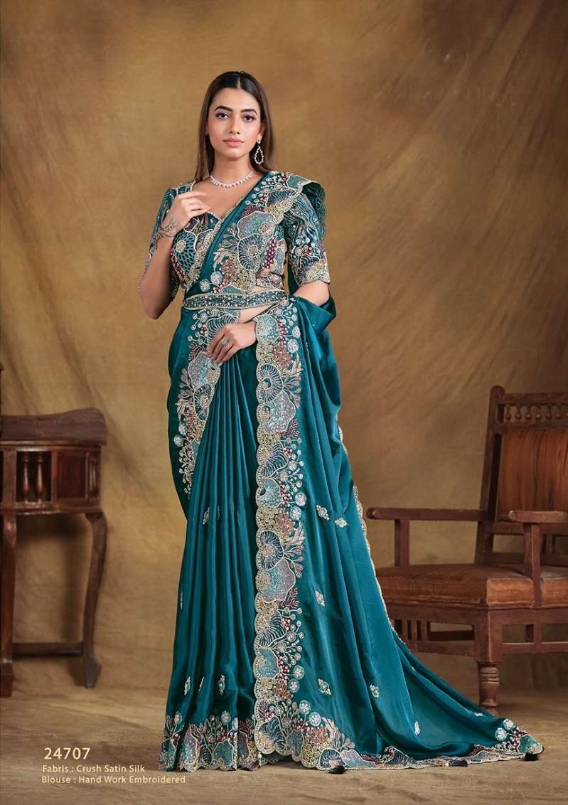 DESIGNER FANCY WEDDING PARTY WEAR INDIAN SATIN SILK BLUE SAREE SM MAHOTSAV TARINI 24707