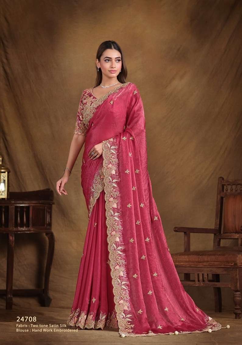 DESIGNER FANCY WEDDING PARTY WEAR INDIAN SATIN SILK RED SAREE SM MAHOTSAV TARINI 24708