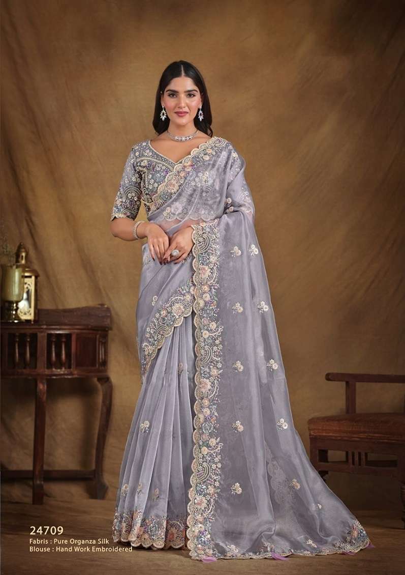 DESIGNER FANCY WEDDING PARTY WEAR INDIAN SATIN SILK GREY SAREE SM MAHOTSAV TARINI 24709