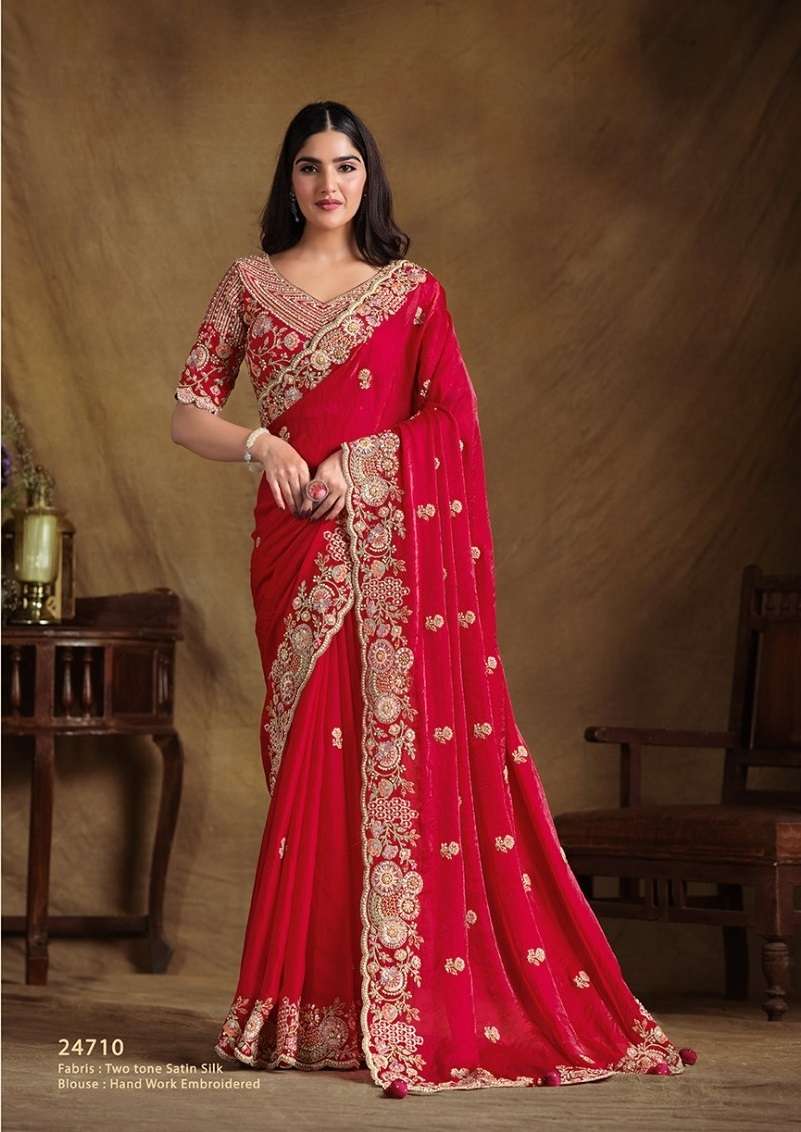 DESIGNER FANCY WEDDING PARTY WEAR INDIAN SATIN SILK RED SAREE SM MAHOTSAV TARINI 24710