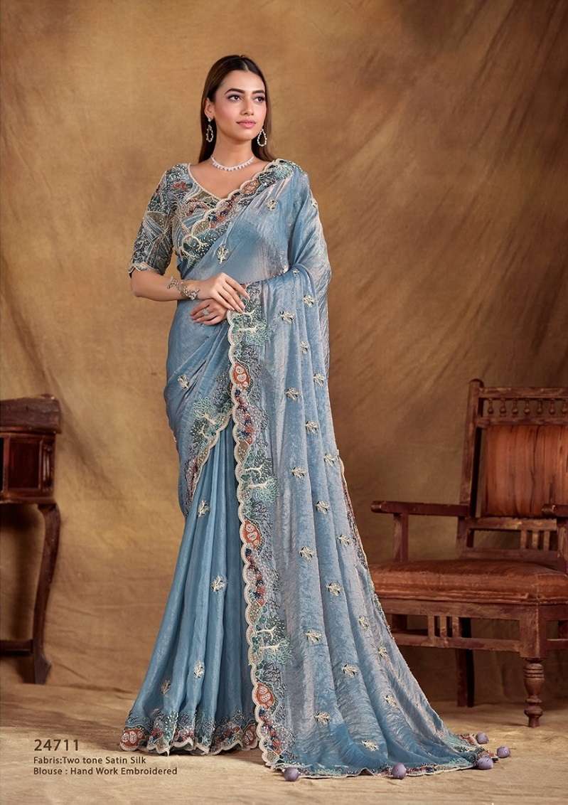 DESIGNER FANCY WEDDING PARTY WEAR INDIAN SATIN SILK SKY BLUE SAREE SM MAHOTSAV TARINI 24711