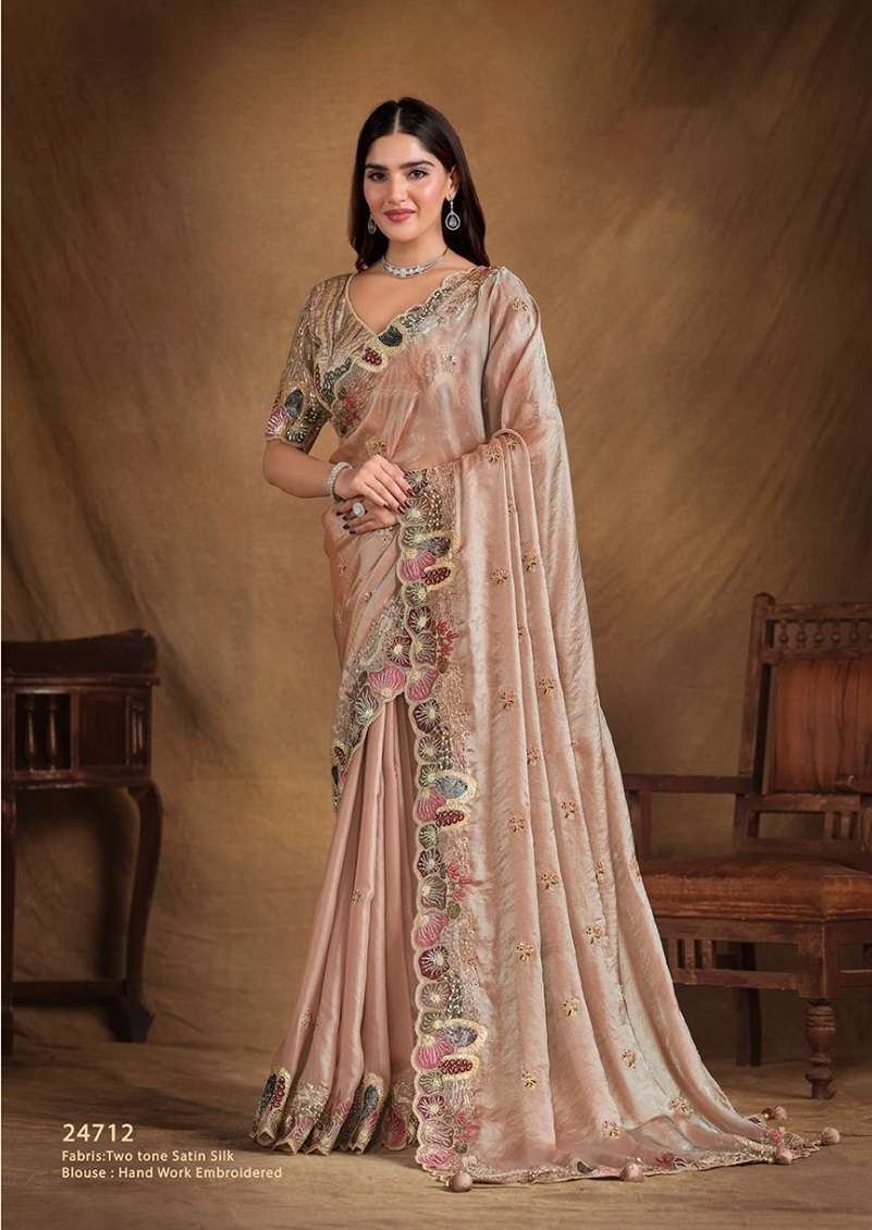 DESIGNER FANCY WEDDING PARTY WEAR INDIAN SATIN SILK PEACH SAREE SM MAHOTSAV TARINI 24712