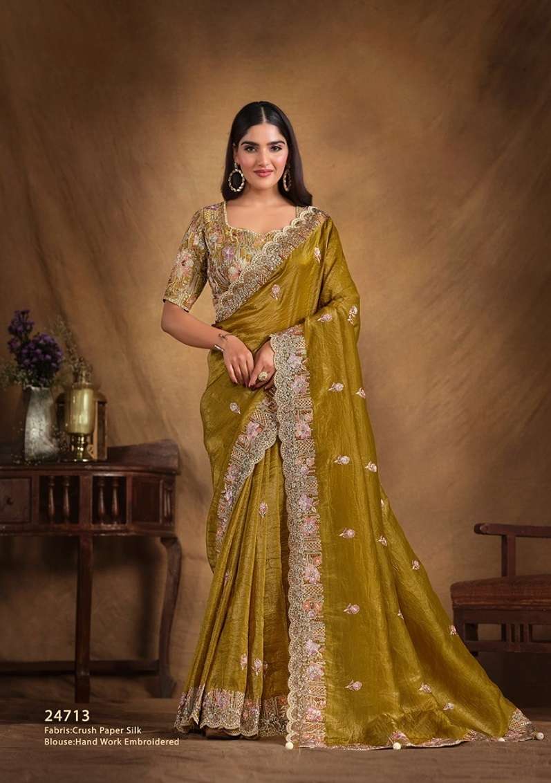 DESIGNER FANCY WEDDING PARTY WEAR INDIAN SATIN SILK YELLOW SAREE SM MAHOTSAV TARINI 24713