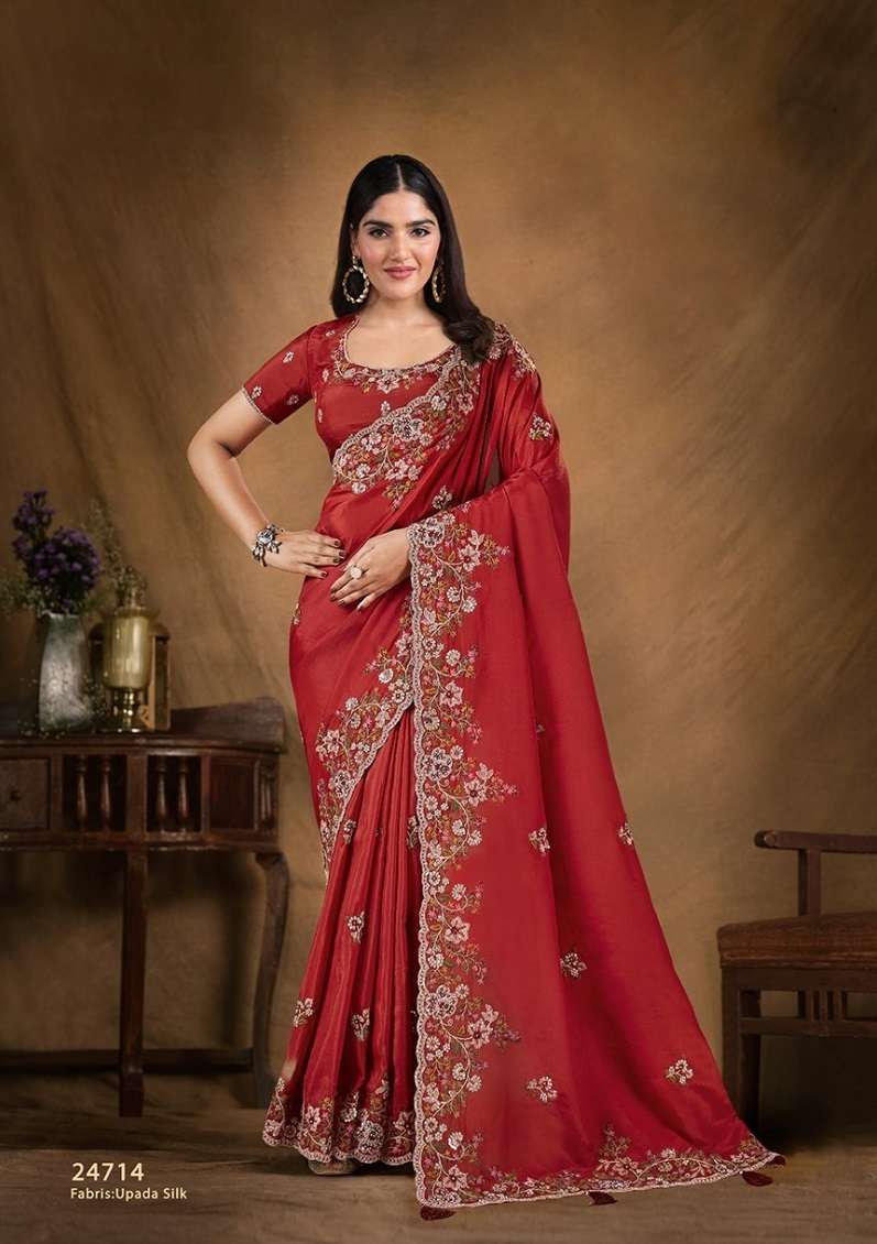 DESIGNER FANCY WEDDING PARTY WEAR INDIAN SATIN SILK RED SAREE SM MAHOTSAV TARINI 24714