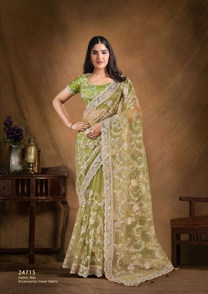 DESIGNER FANCY WEDDING PARTY WEAR INDIAN SATIN SILK GREEN SAREE SM MAHOTSAV TARINI 24715