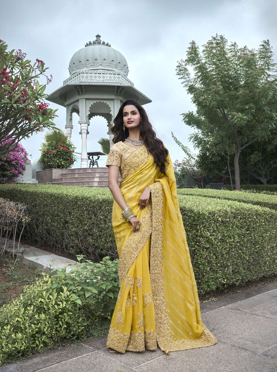 DESIGNER FANCY WEDDING PARTY WEAR INDIAN YELLOW ORGANZA SILK SAREE COLLECTION SM SULAKSHMI 8405