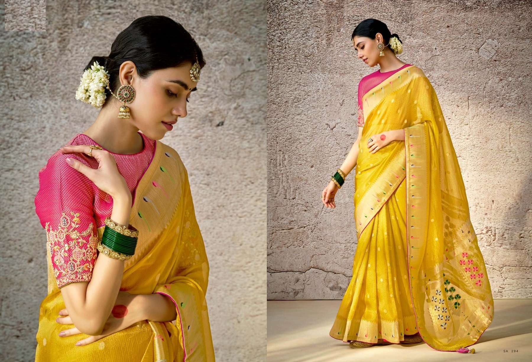 DESIGNER FANCY WEDDING PARTY WEAR INDIAN YELLOW SILK SAREE COLLECTION SM KM KASHI 294