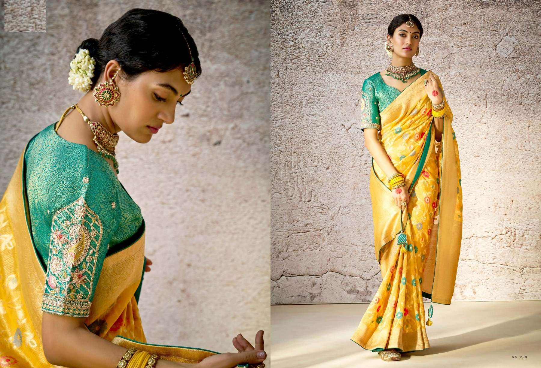 DESIGNER FANCY WEDDING PARTY WEAR INDIAN YELLOW SILK SAREE COLLECTION SM KM KASHI 298