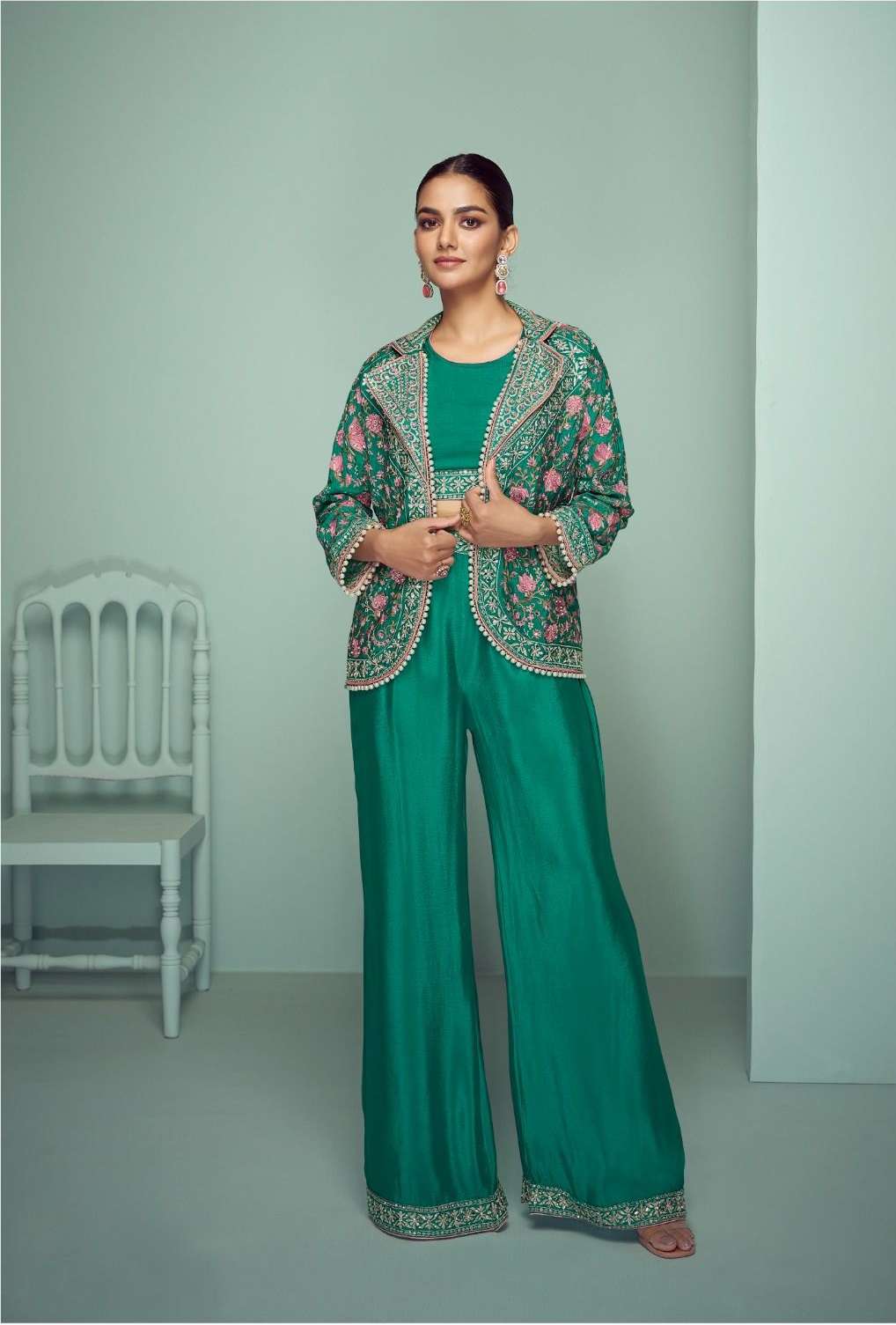 DESIGNER WEDDING PARTY WEAR CHINON GREEN KOTI PLAZZO STYLE KOTI SUIT GL MARIYAM 7507