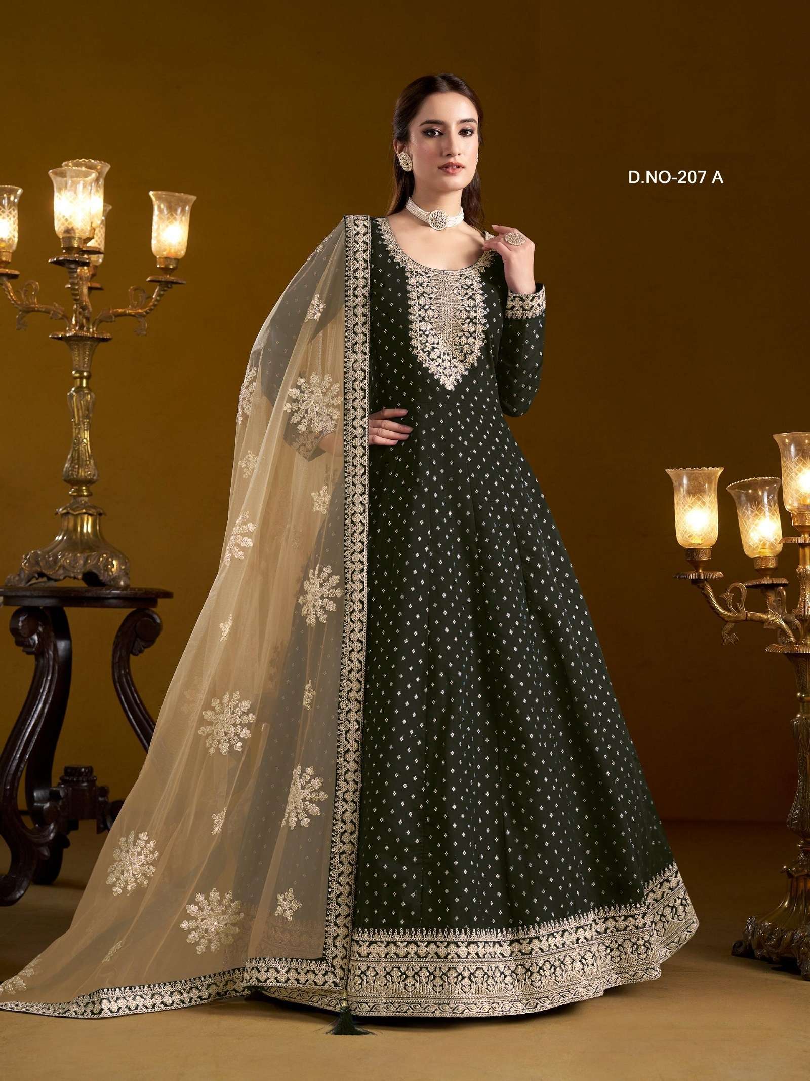 DESIGNER WEDDING PARTY WEAR HEAVY CHANDERI BLACK ANARKALI SALWAR SUIT GOWN ANY 207 A