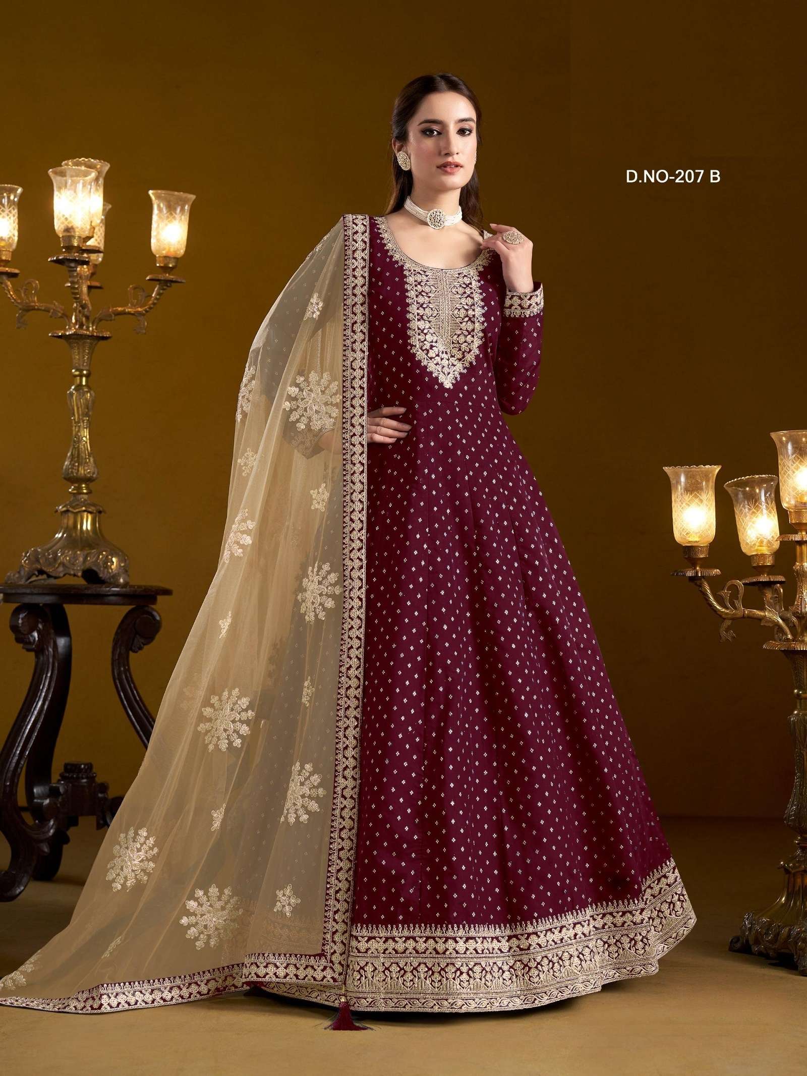 DESIGNER WEDDING PARTY WEAR HEAVY CHANDERI MAROON ANARKALI SALWAR SUIT GOWN ANY 207 B