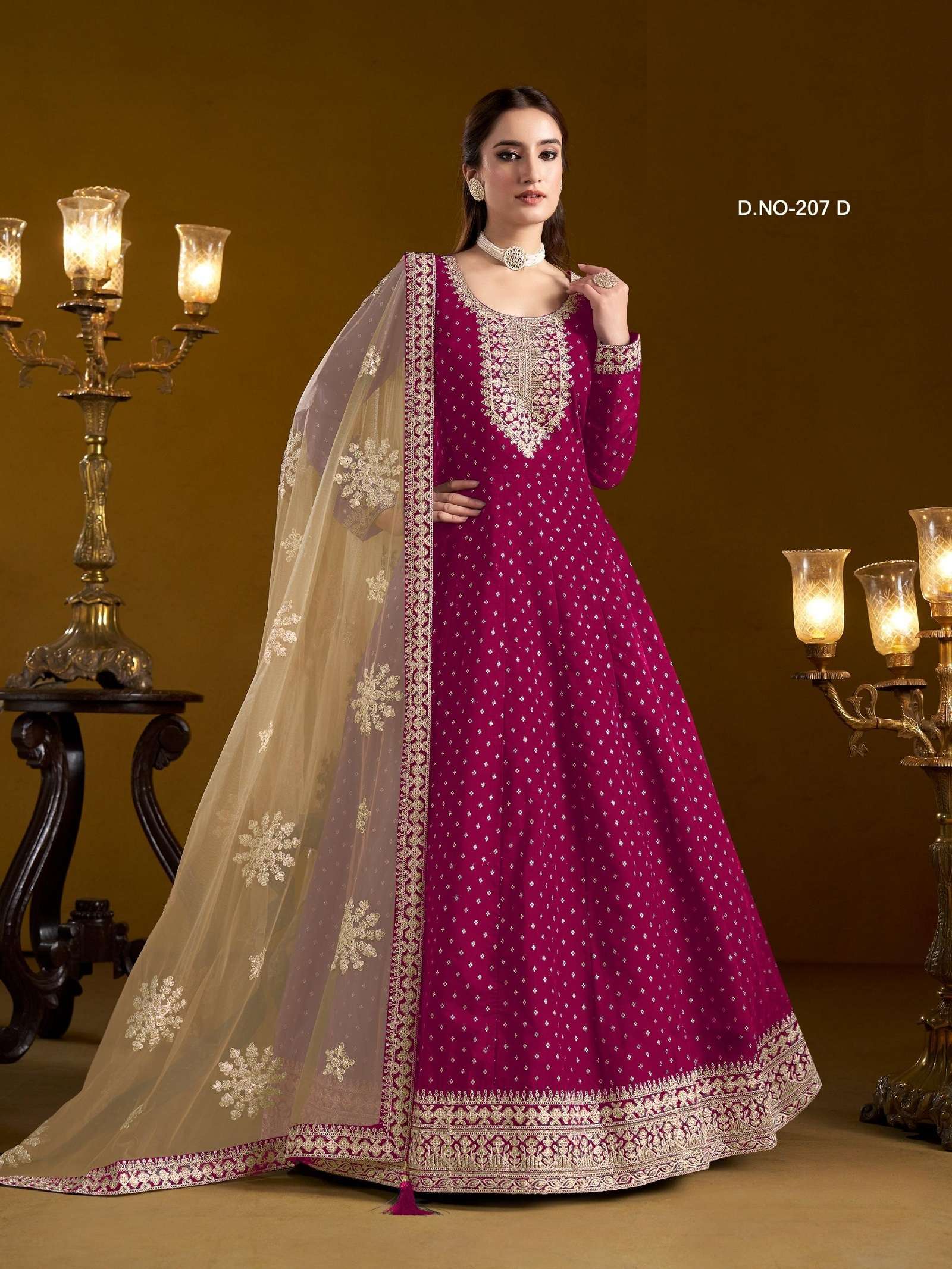 DESIGNER WEDDING PARTY WEAR HEAVY CHANDERI PINK ANARKALI SALWAR SUIT GOWN ANY 207 D