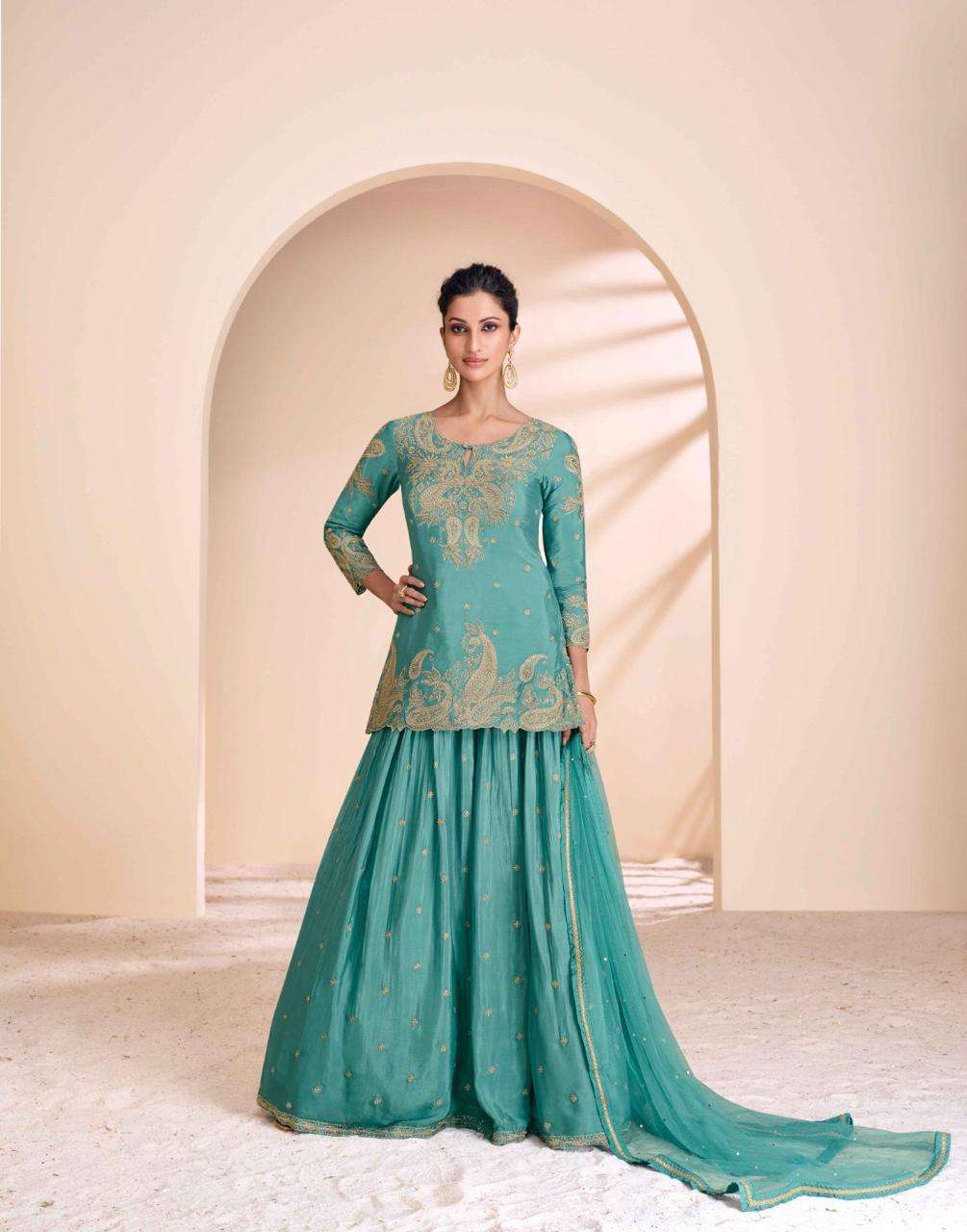 DESIGNER WEDDING PARTY WEAR HEAVY CHINON SILK AQUA BLUE SKIRT SALWAR SUIT PALLAZO SUIT SY ANMOL 5655