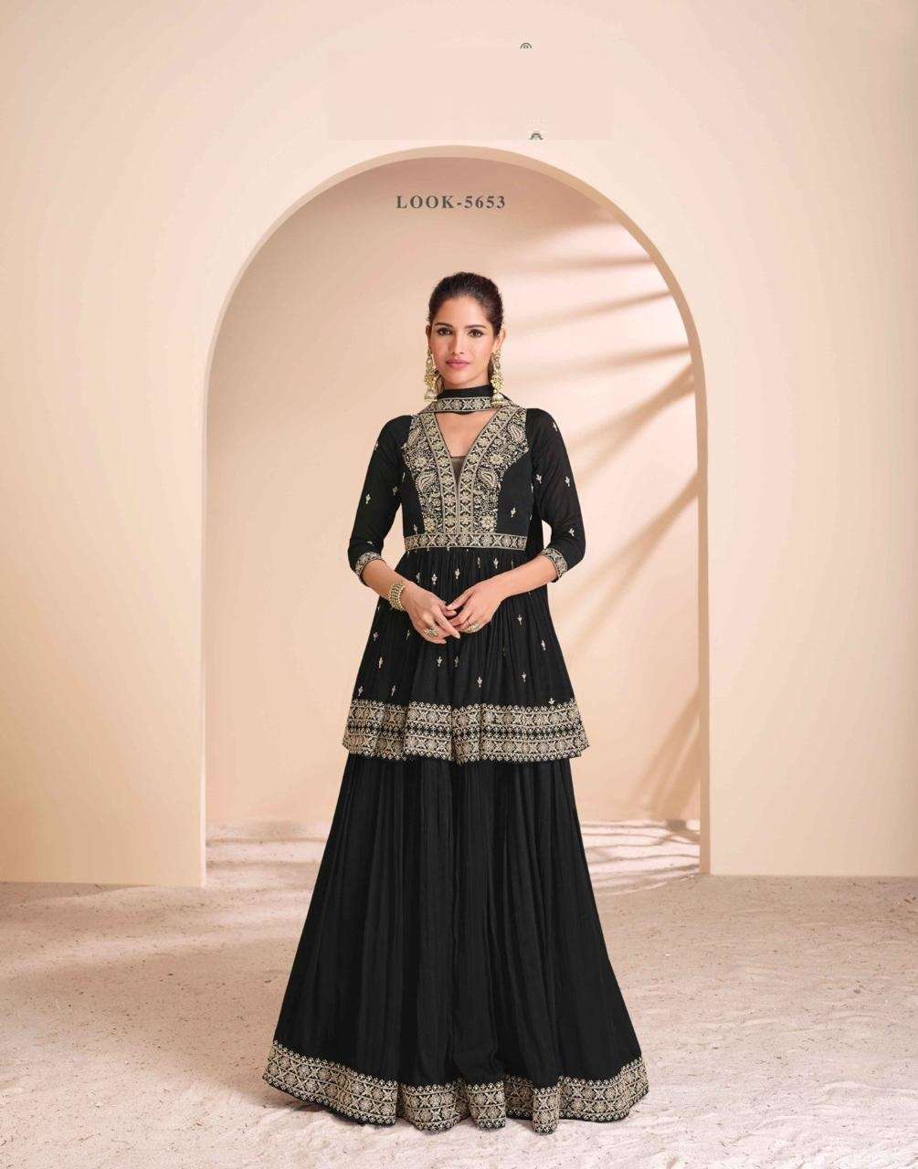 DESIGNER WEDDING PARTY WEAR HEAVY CHINON SILK BLACK SKIRT SALWAR SUIT PALLAZO SUIT SY ANMOL 5653