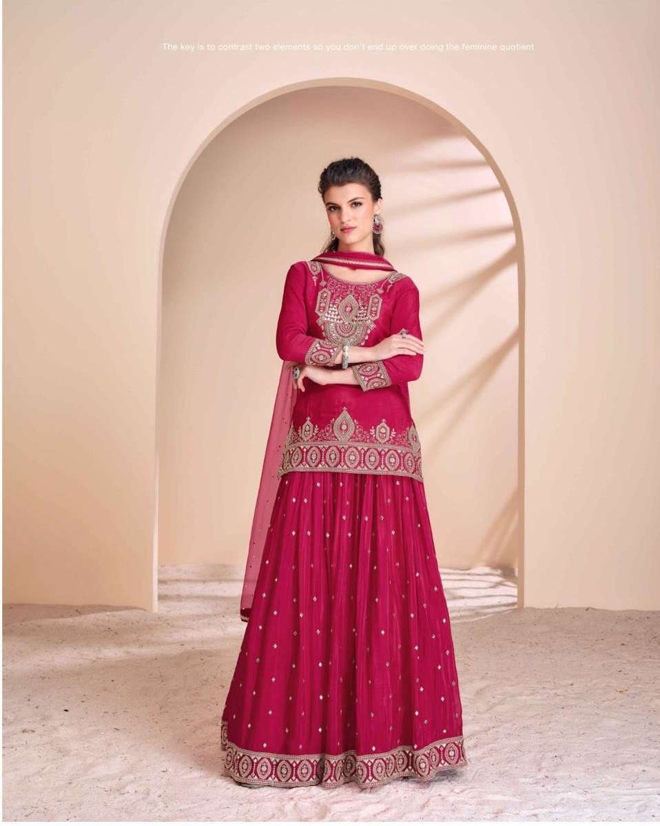 DESIGNER WEDDING PARTY WEAR HEAVY CHINON SILK RANI PINK SKIRT SALWAR SUIT PALLAZO SUIT SY ANMOL 5654